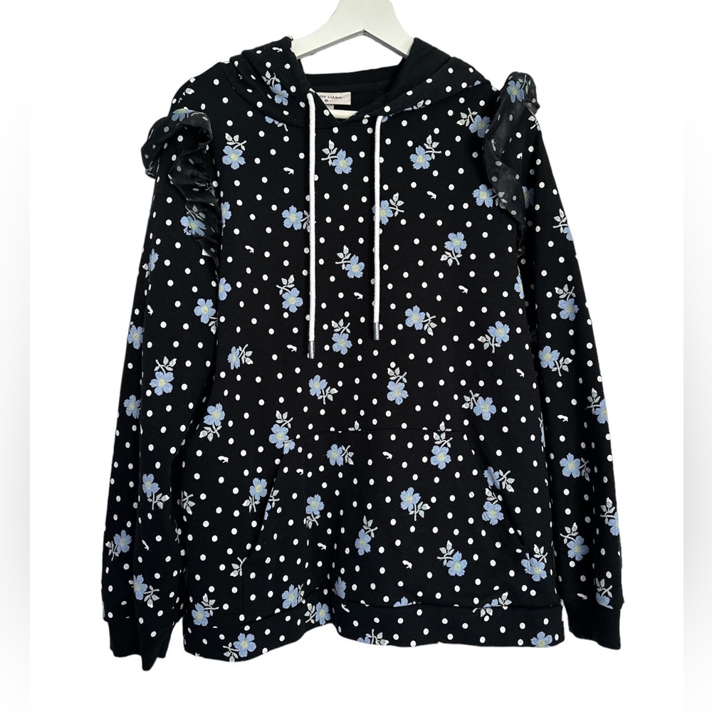 Sandy Liang Black Hoodie with Blue Floral and White Polka Dots - Picture 4 of 6